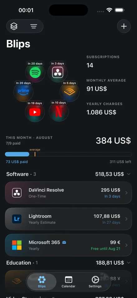 Blips home screen showing this month's subscription total and the next renewals