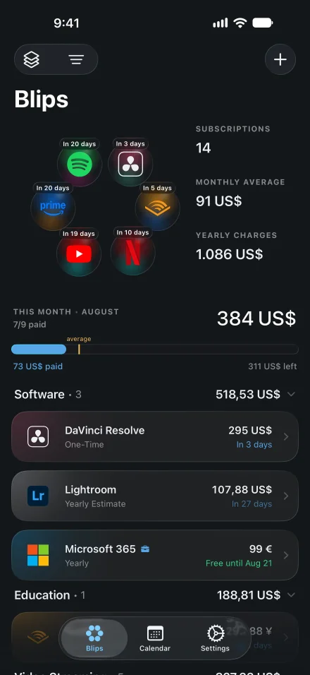 Blips home screen showing this month's subscription total and the next renewals
