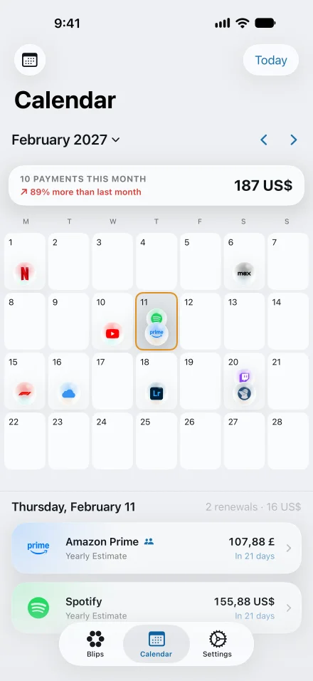 Blips calendar screen showing upcoming renewals