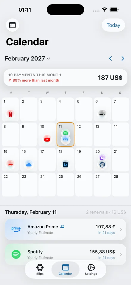 Blips calendar screen showing upcoming renewals
