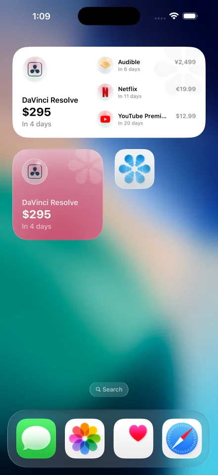 Blips home screen with widgets showing upcoming renewals