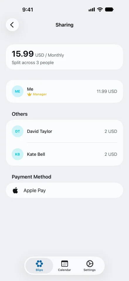 The Blips sharing screen: a 15.99 USD monthly bill split across three people, with your own share at 11.99 USD