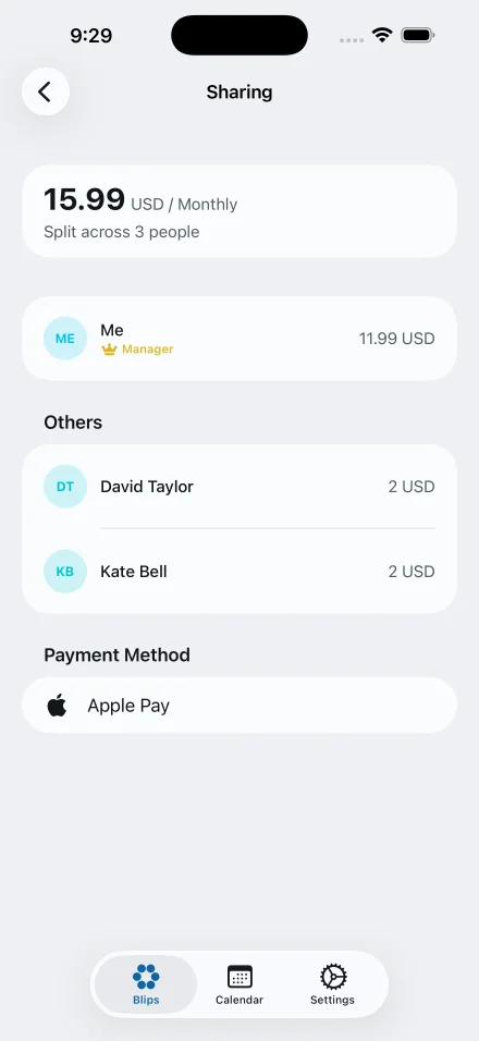 The Blips sharing screen: a 15.99 USD monthly bill split across three people, with your own share at 11.99 USD
