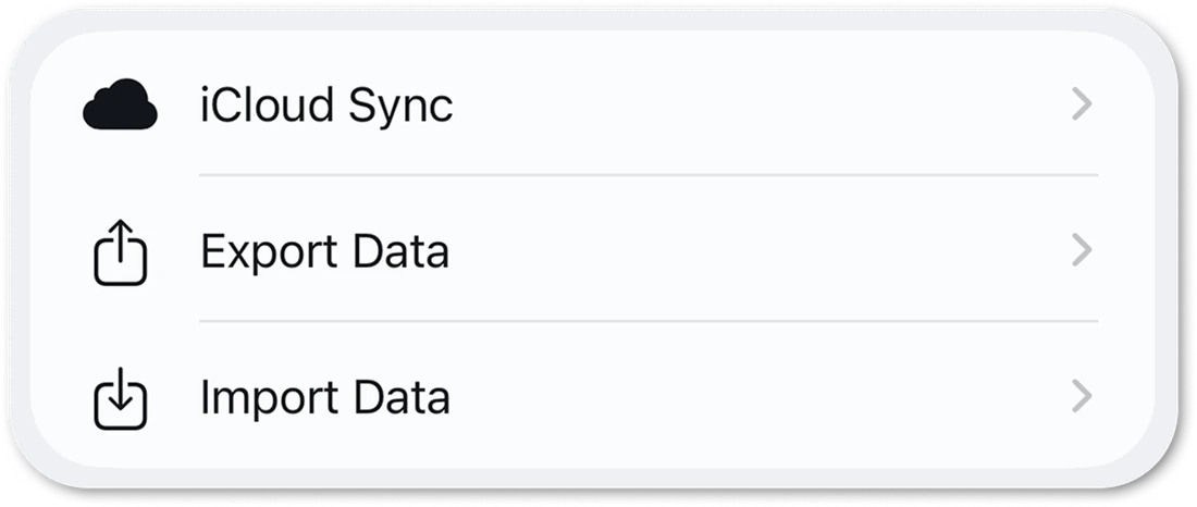 Blips settings showing iCloud Sync, Export Data and Import Data